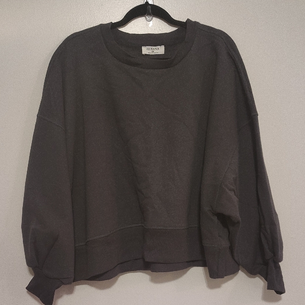 Zenana Charcoal Balloon Sleeve Sweatshirt Oversized Pullover Sizes: S–3X - Picture 3 of 4
